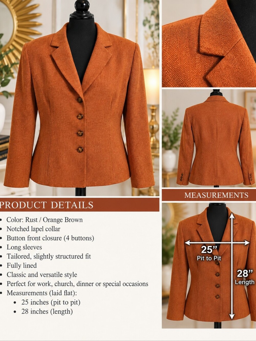 Le Suit Rust Orange Brown Tailored Women's Blazer